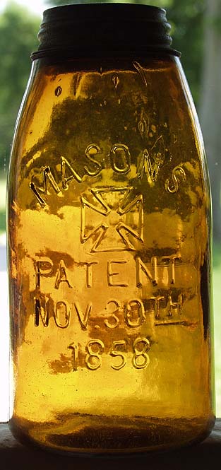 Strong Embossed MASONS Cross 1858 AMBER Fruit Jar HG